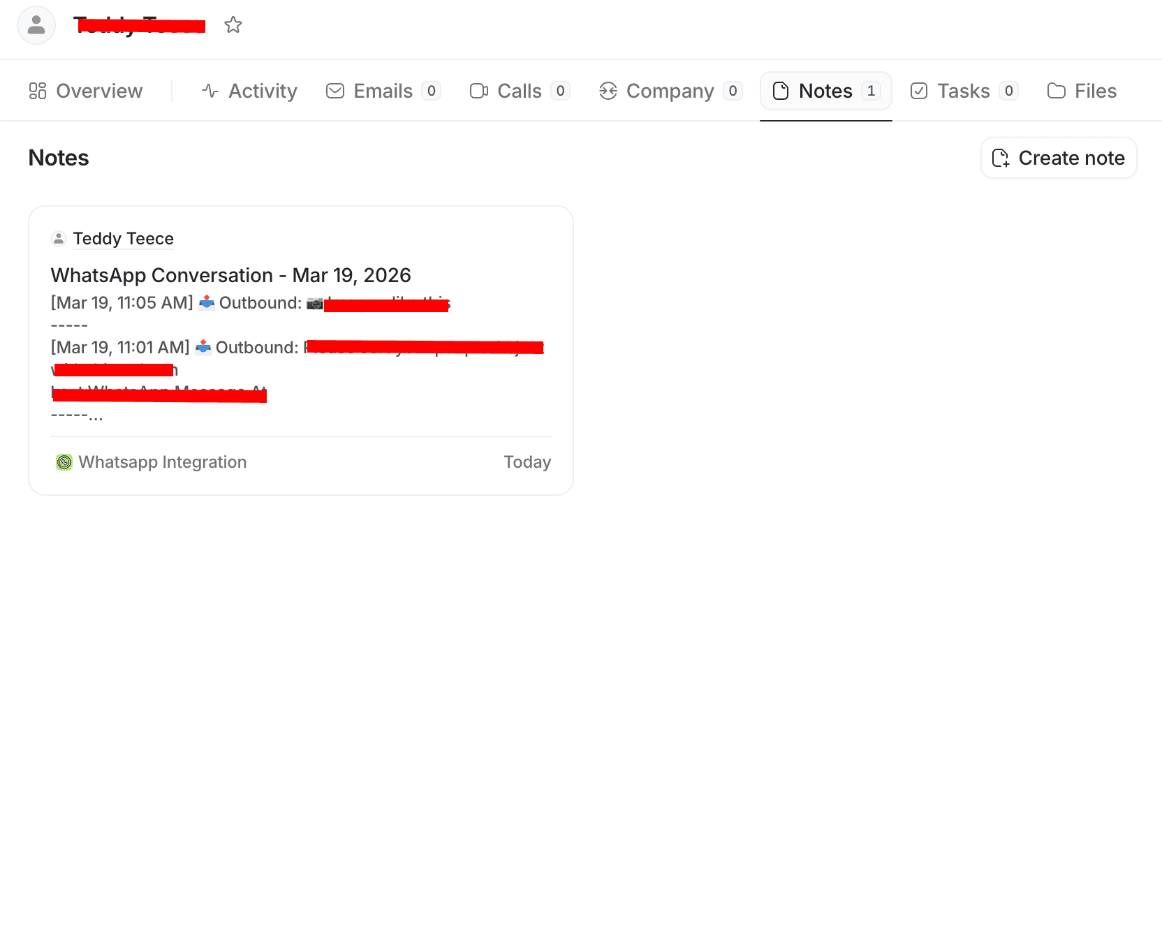 A WhatsApp conversation saved as notes inside an Attio person record