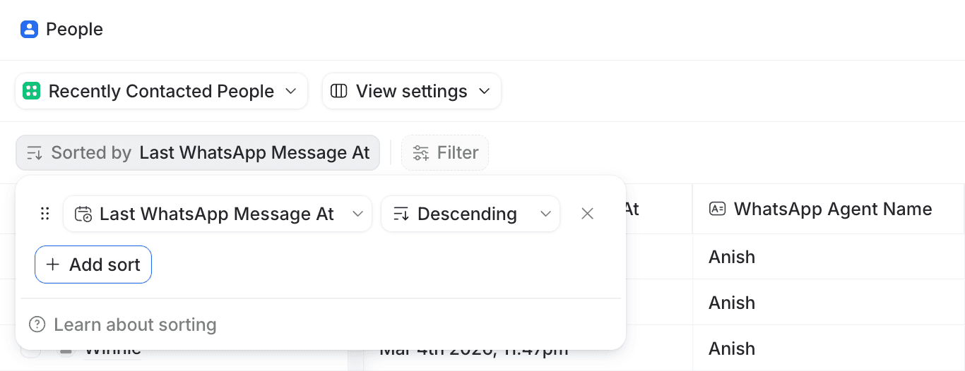 Sorting the People table in Attio by Last WhatsApp Message At, descending