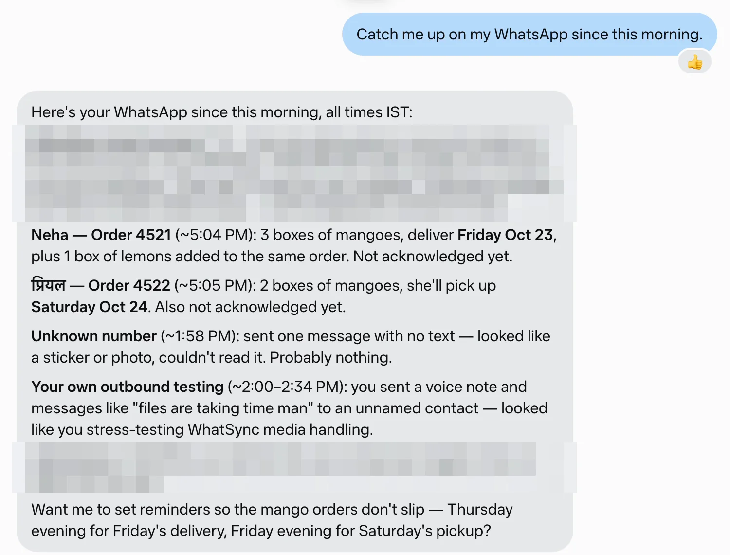 Muse summarises the WhatsApp messages since this morning, including two new mango orders, with private lines blurred.
