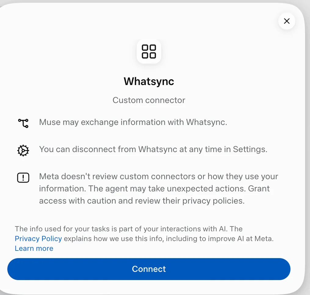 Muse's custom connector dialog for Whatsync with a Connect button.