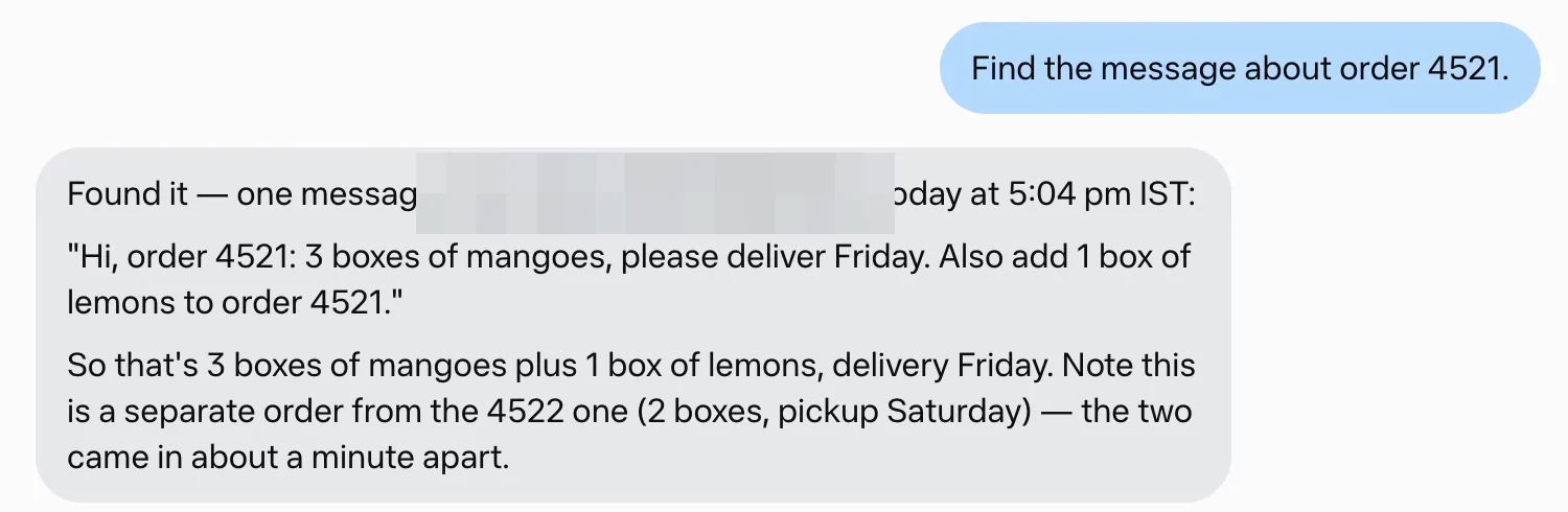 Muse finds the message about order 4521: 3 boxes of mangoes and 1 box of lemons, delivery Friday. The phone number is blurred.