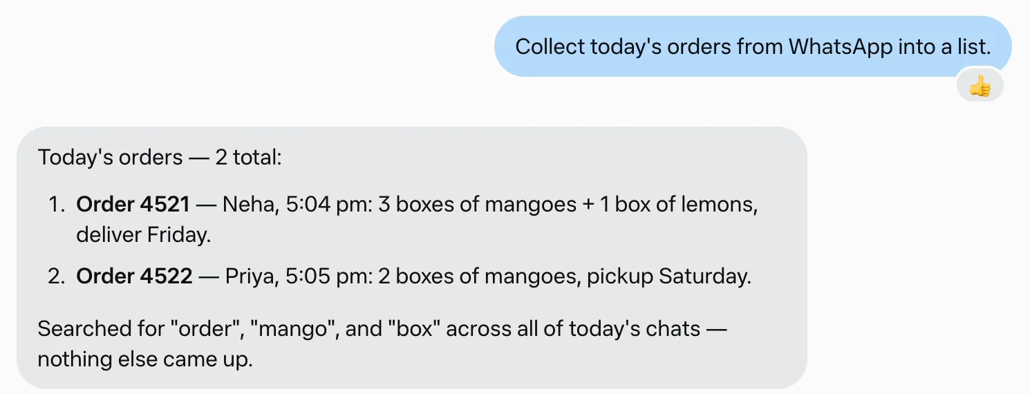 Muse lists today's two orders, 4521 and 4522, with who sent each and what they ordered.