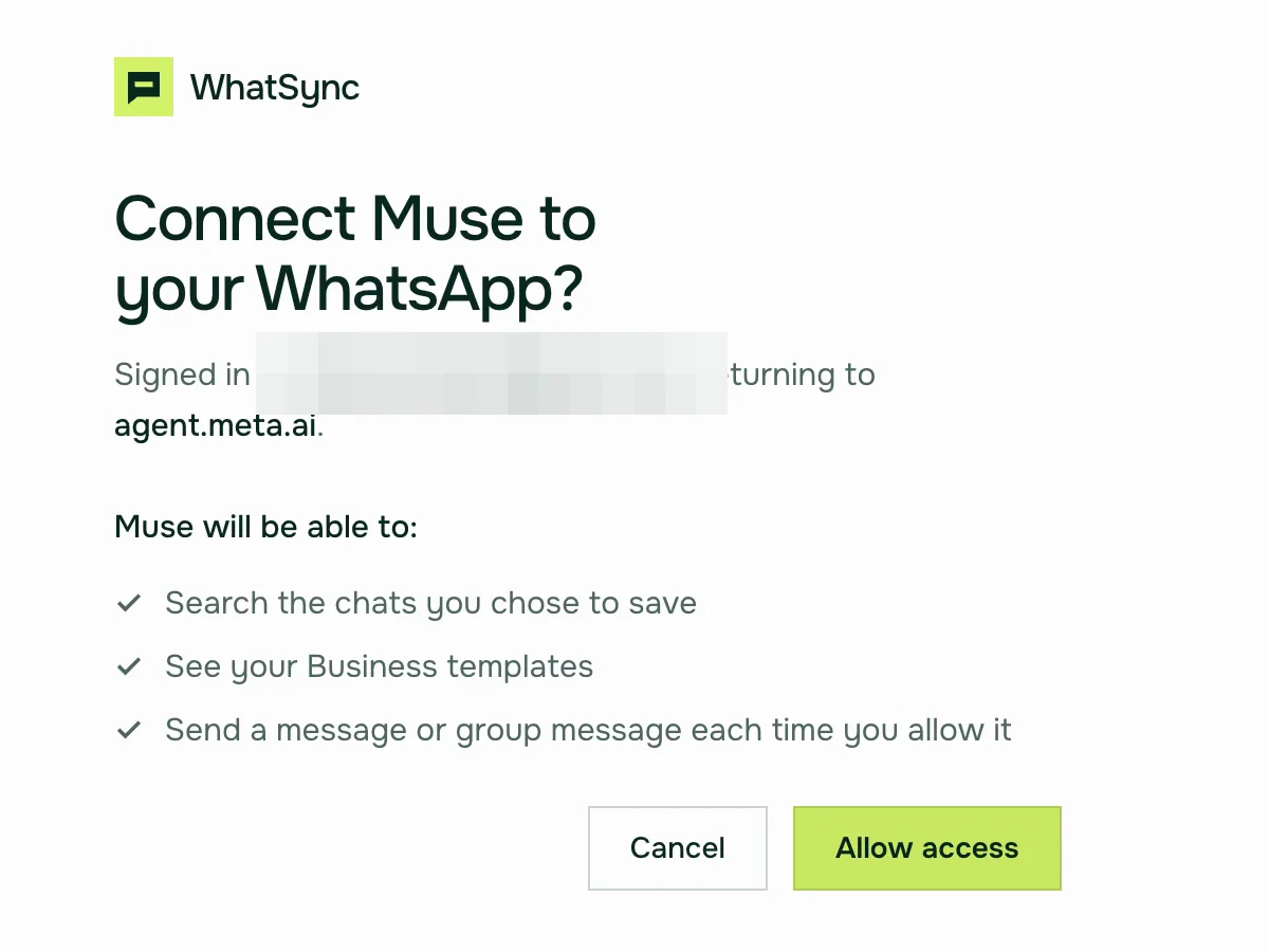 WhatSync asks: Connect Muse to your WhatsApp? It lists what Muse will be able to do, with Cancel and Allow access buttons.